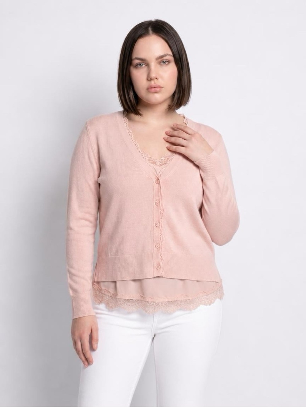 LOFT Blush Pink Lace-Trim Button Front Cardigan& camisole